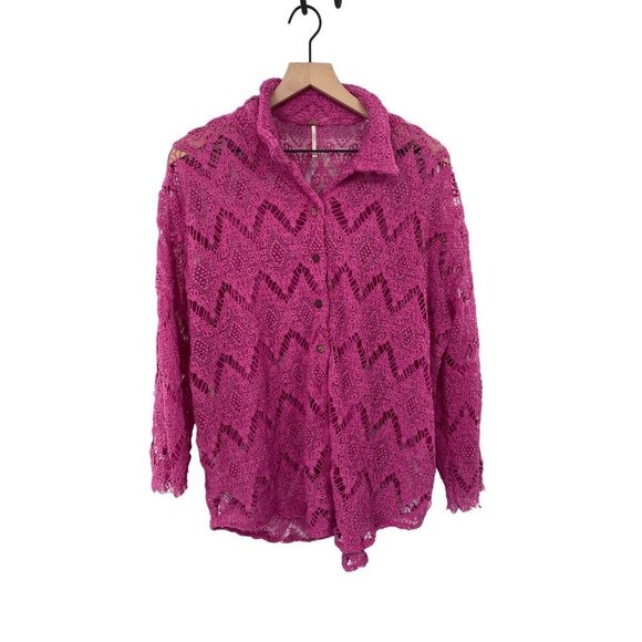 FREE PEOPLE OPEN KNIT CROCHET BUTTON FRONT SWEATER COLLAR SIZE XL - Picture 1 of 5